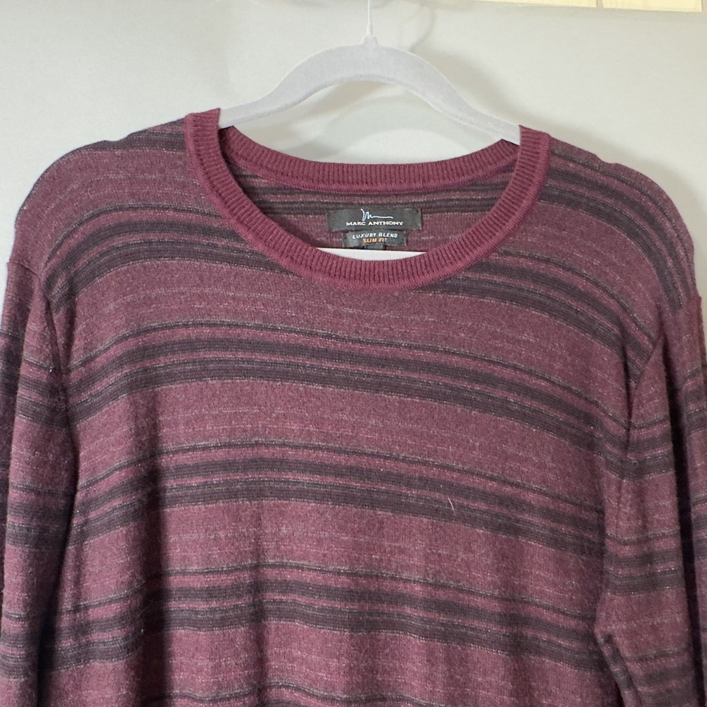 MARC ANTHONY Sweater Mens Large Burgundy Stripe Luxury Blend Slim Fit Crewneck
